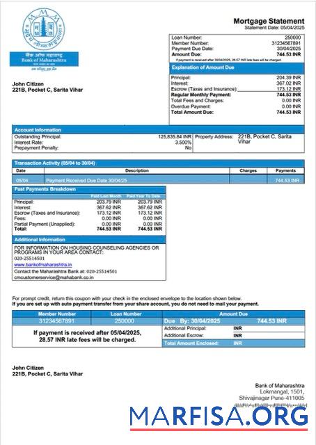 Printable India Bank of Maharashtra mortgage statement Word and PDF template